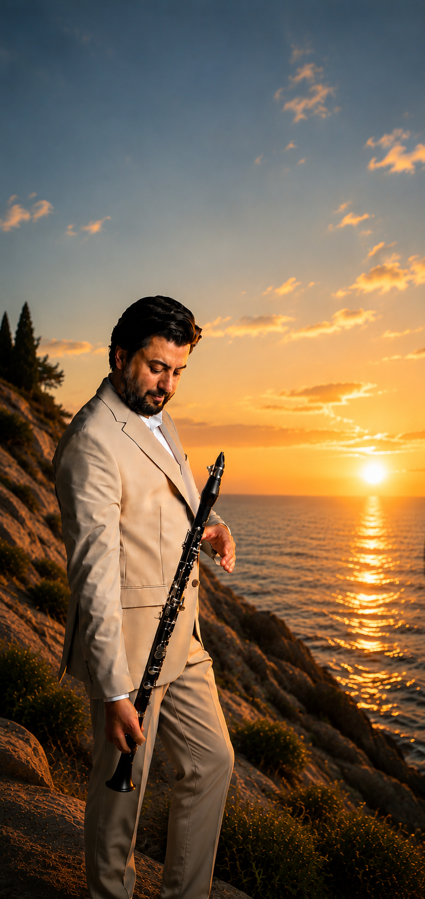 Serkan Çağrı — gün batımında klarnetle (dikey)